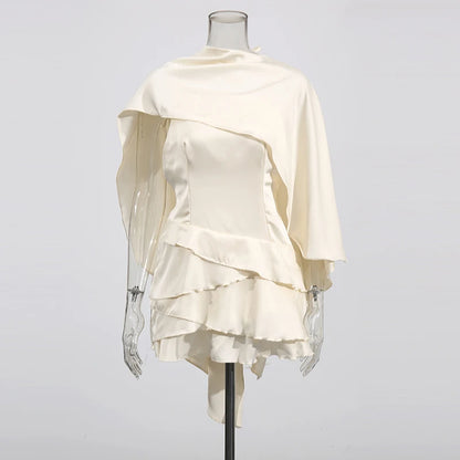 TWOTWINSTYLE Spliced Ruffles Slimming Dresses for Women Strapless Sleeveless High Waist Dress Patchwork Shawl Dress Female