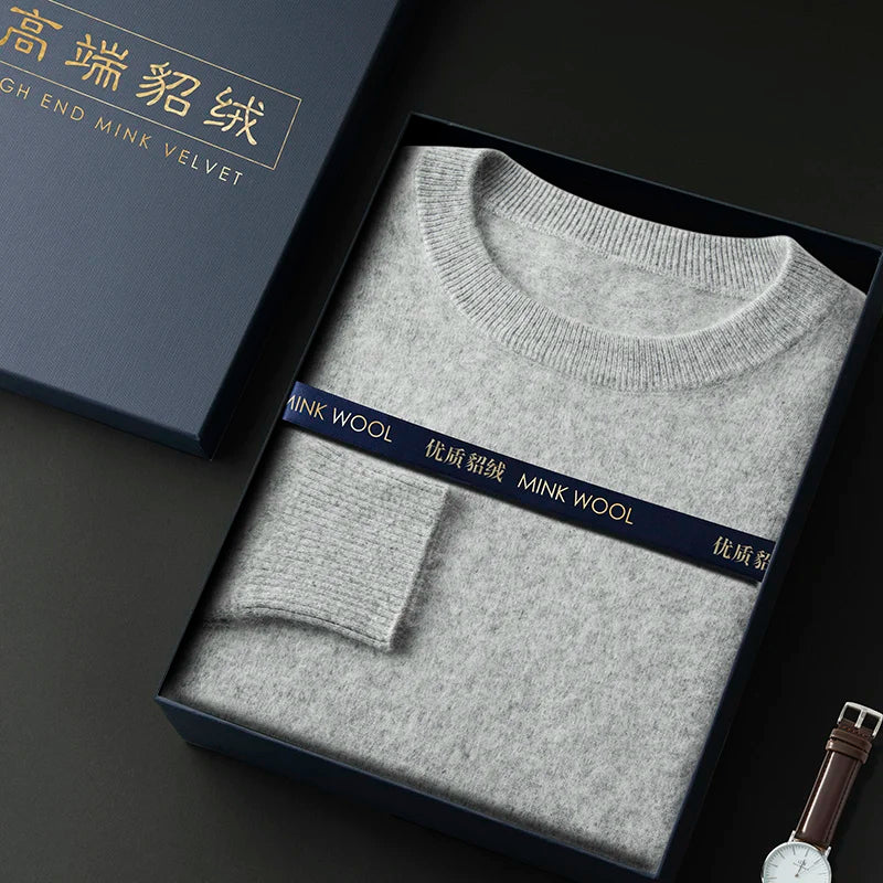100% Pure Mink Cashmere Men's Round Neck Sweater For Autumn Winter, Casual Knitted Long Sleeved Pullover Sweater Men's Clothng