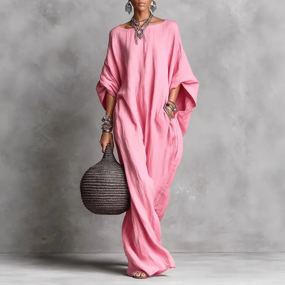2026 cross-border women's clothing European and American solid color temperament long-sleeved one-line collar long casual dress