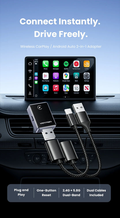 Vention 2in1 Wireless CarPlay Adapter Android Auto For OEM Car Plug and Play AI Smart Box WiFi Bluetooth Auto Connection
