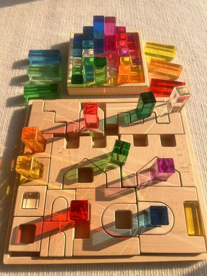 Wooden Building Blocks Set Stacking Castle Toys with Transparent Cubes Rainbow Timbers Trees Animals Giraffe for Kids