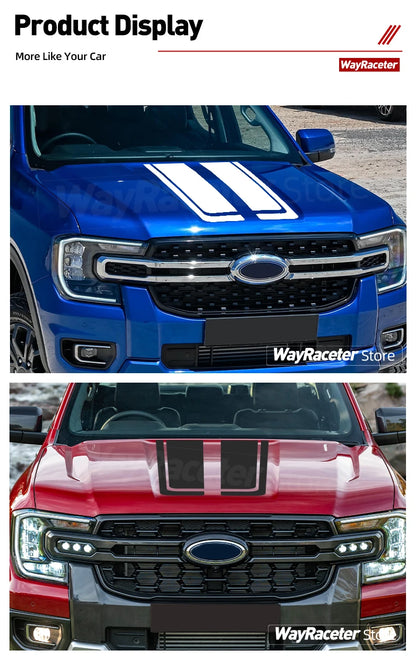 2 Pcs Engine Cover Decal Boonet Hood Stripes Sticker For Ford Ranger 2025 2024 2023 T9 Raptor 4X4 Off Road Wildtrak Accessories