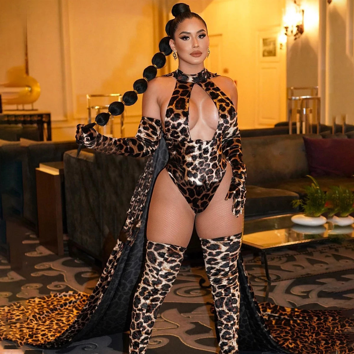 2025 Explosion Models Women's Sexy Lingerie Leopard Print Jumpsuit Hollow Jumpsuit Stockings Gloves Erotic three-piece Set