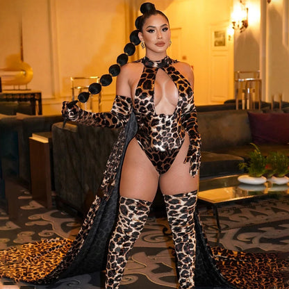 2025 Explosion Models Women's Sexy Lingerie Leopard Print Jumpsuit Hollow Jumpsuit Stockings Gloves Erotic three-piece Set