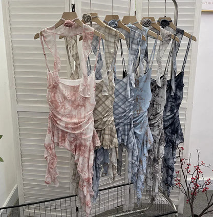 Women's Vintage Tie-dye Printed Mesh Spaghetti Strap Camisole Hot Girl Irregular Ruffled Ribbon Sleeveless Top Partyclub 1185