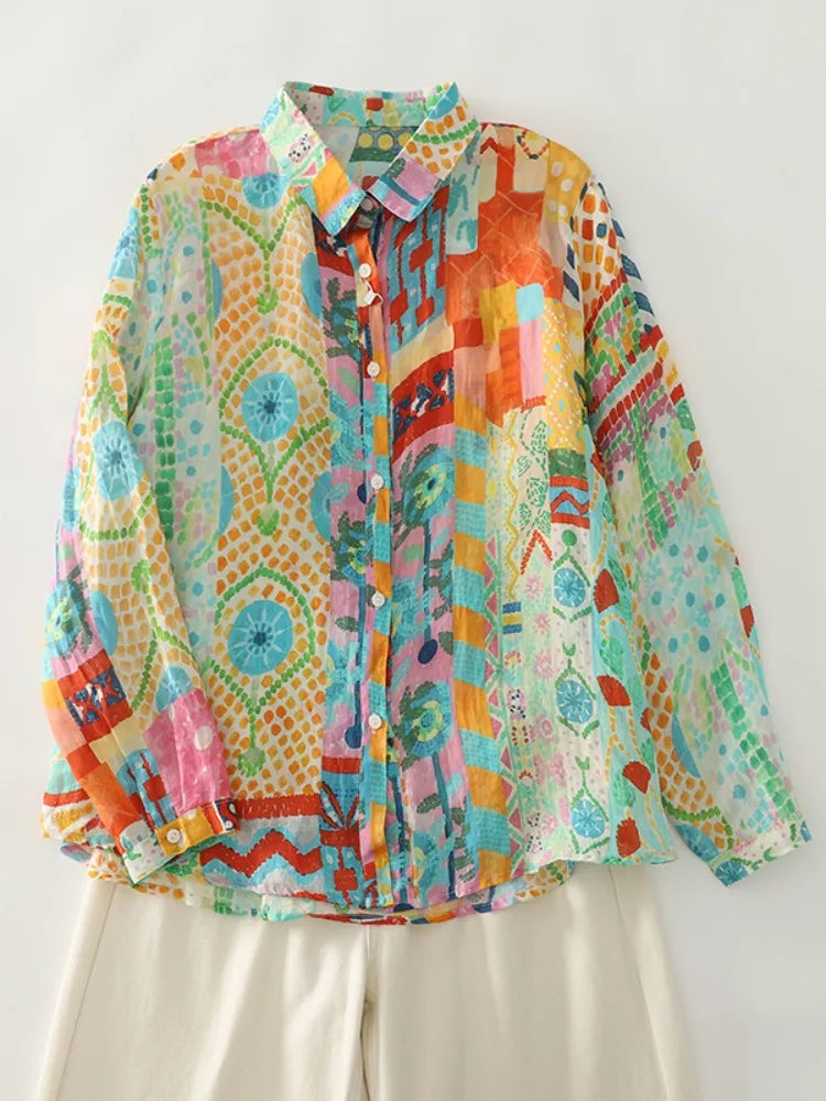 Loose Long Sleeve Linen Shirt Women Spring Thin Breathable Cotton Linen Print Casual Turn-down Collar Top Artistic Style