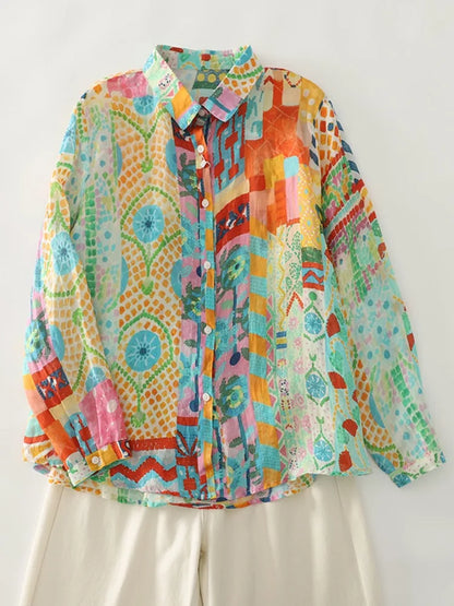 Loose Long Sleeve Linen Shirt Women Spring Thin Breathable Cotton Linen Print Casual Turn-down Collar Top Artistic Style