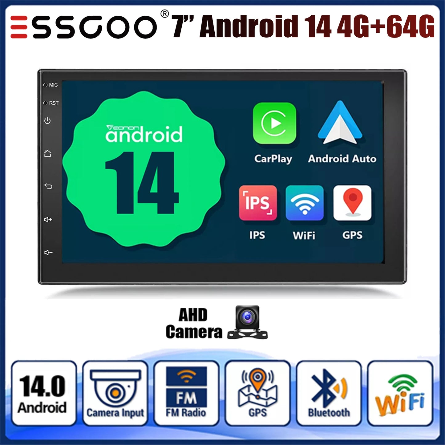 ESSGOO 7" Car Stereo Radio Double 2DIN Android 14 CarPlay Touch Screen 4+64G GPS Navigation Wifi FM/RDS Bluetooth SWC DVR&Camera