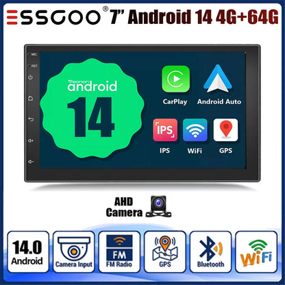 ESSGOO 7" Car Stereo Radio Double 2DIN Android 14 CarPlay Touch Screen 4+64G GPS Navigation Wifi FM/RDS Bluetooth SWC DVR&Camera