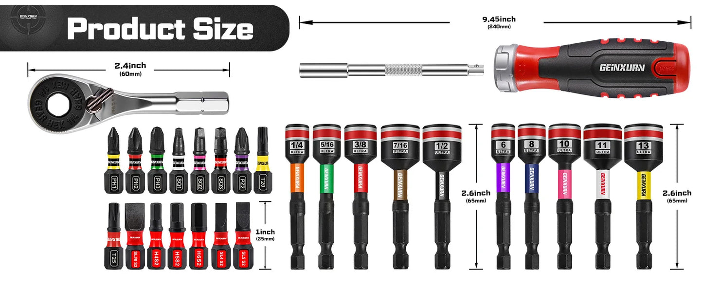 Geinxurn 19 PCS Ratcheting Screwdriver Set, Mini Rachet wrench,Rachet bit Handle and Nut Driver with Impact S2 Screwdriver Bits