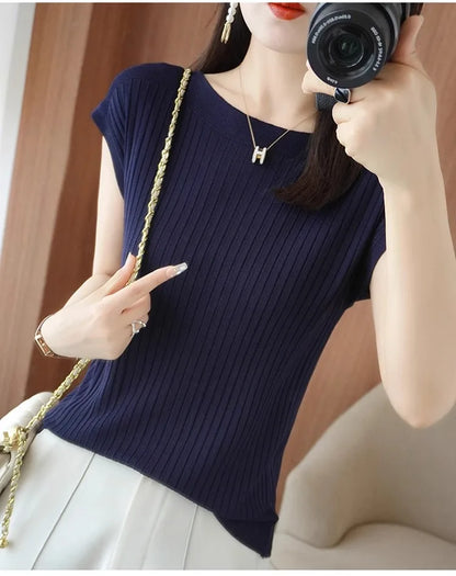 Ice Silk Knitted Top Women Loose Spring Summer New Style Thin Short Sleeve One Shoulder T-Shirt Breathable Comfortable Casual...