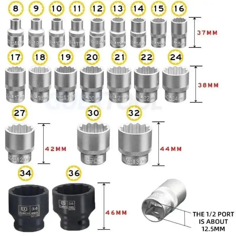 21 Pcs 1/2 Hexagon Torx Sockets Set Ratchet Wrench Tool 8-36mm Specification Socket Head Set Auto Repair Equipment