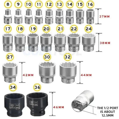 21 Pcs 1/2 Hexagon Torx Sockets Set Ratchet Wrench Tool 8-36mm Specification Socket Head Set Auto Repair Equipment