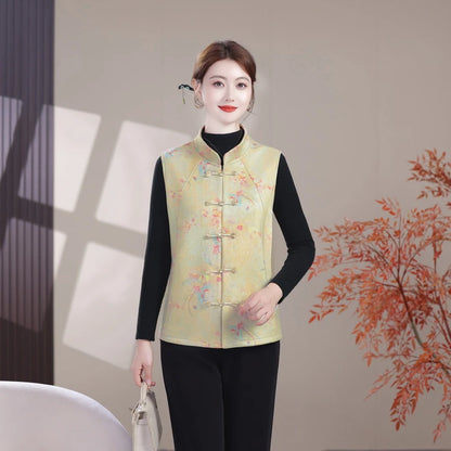 Plus Size Mother's Vest Spring Asian style print Top Elderly Women's Casual Sleeveless Jacket  Waistcoat