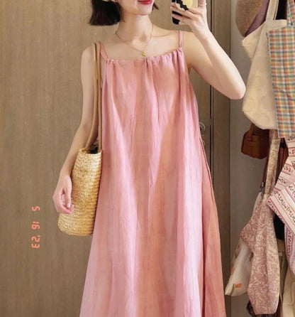Summer Pink Strapless Maxi Dress Women's Loose plus Size Casual Slimming Skirt Sleeveless Long Dress Holiday Style