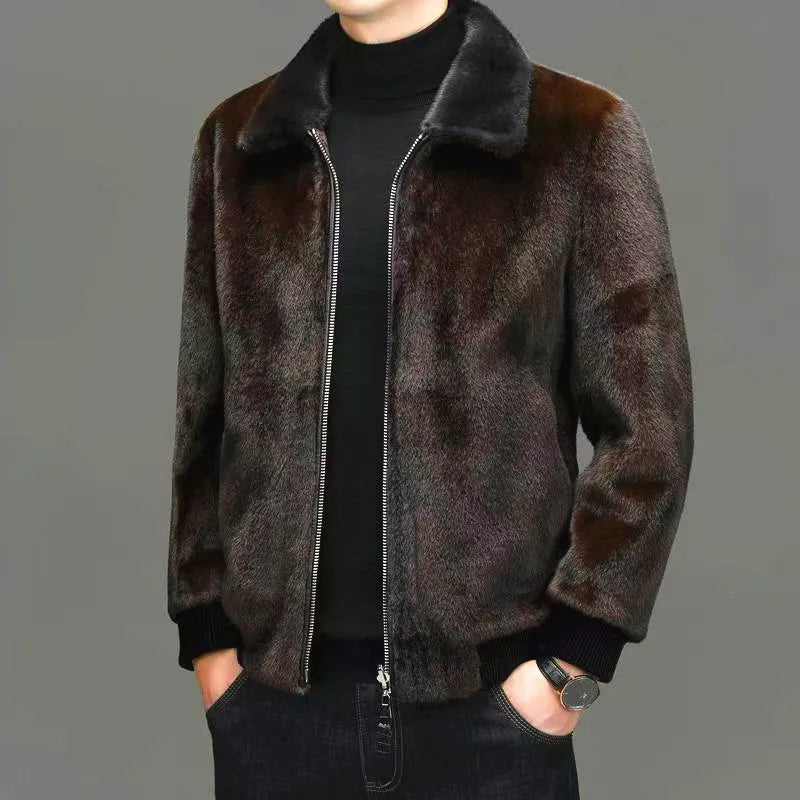 Men's Winter Thick Leather Jacket Mink Fur Coat Zipper Closure Full Skin Design Long Sleeve Regular Fit Outerwear
