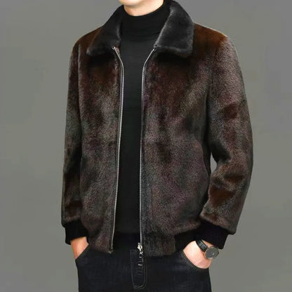 Men's Winter Thick Leather Jacket Mink Fur Coat Zipper Closure Full Skin Design Long Sleeve Regular Fit Outerwear
