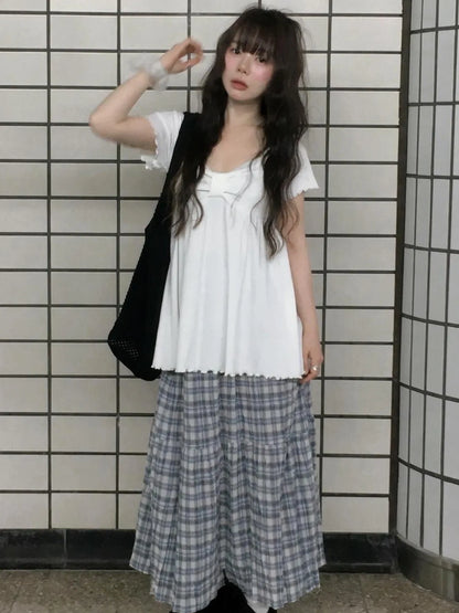 Chic Sweet Style White Bowknot Pleated Short Sleeve T Shirt Women Summer New Unique Top Korean Style Ladies Fashion