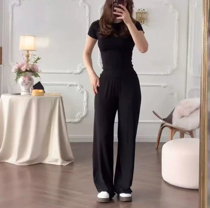 Slimming round Neck  Color Top Wide Leg Pants Fashionable Two Piece Set Summer New Style Casual Wear Polyester Fiber