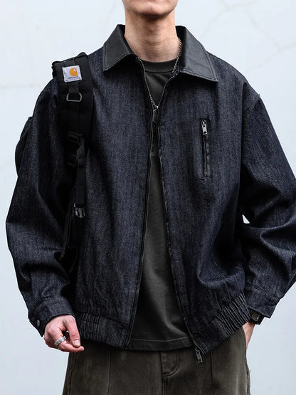 Mens Denim Jacket American Vintage Washed Raw Blue Loose Fit Streetwear Casual Workwear Relaxed Fit Urban Fashion High Quality