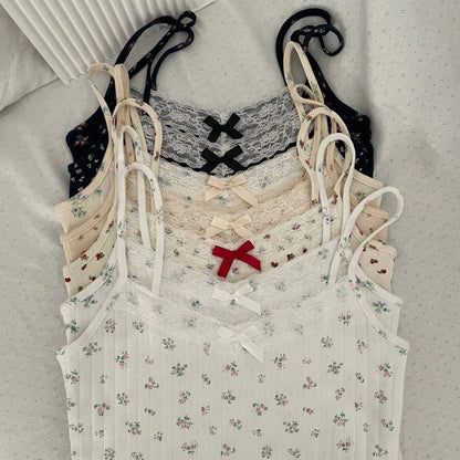 Bow Floral Eyelet Lace Trim Tank Tops Women Summer Cotton Sleeveless Slim Camisole Girls Sweet Cute Preppy Style Crop Top Y2K