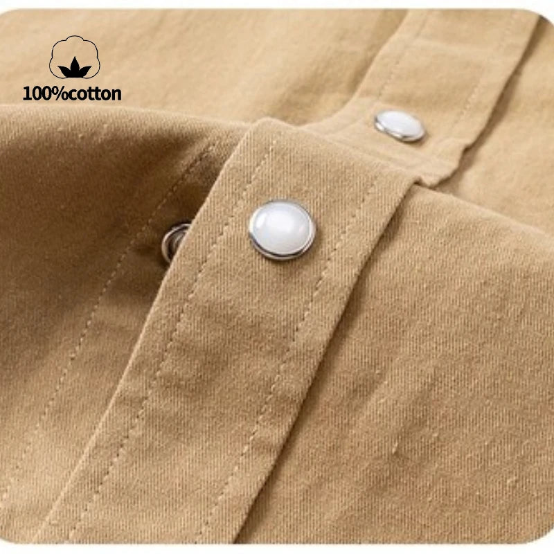 100% Cotton Workwear Shirt Jacket, Korean Snap Button Design, Enzyme Wash Vintage, Khaki Black Grey Beige S-4XL
