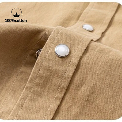 100% Cotton Workwear Shirt Jacket, Korean Snap Button Design, Enzyme Wash Vintage, Khaki Black Grey Beige S-4XL