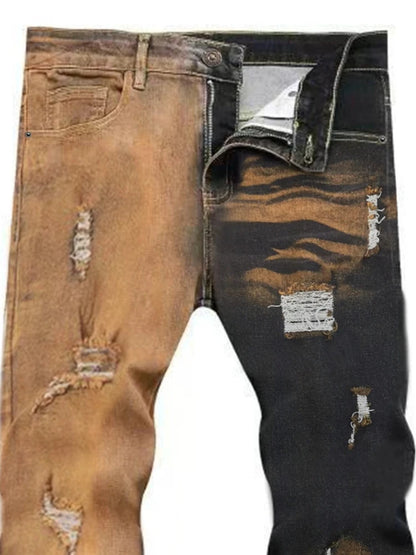 Men Two-Tone Gradient Distressed Jeans Black Yellow Wash Ripped Slim Straight Denim Pants Streetwear Hip Hop Patchwork Trousers