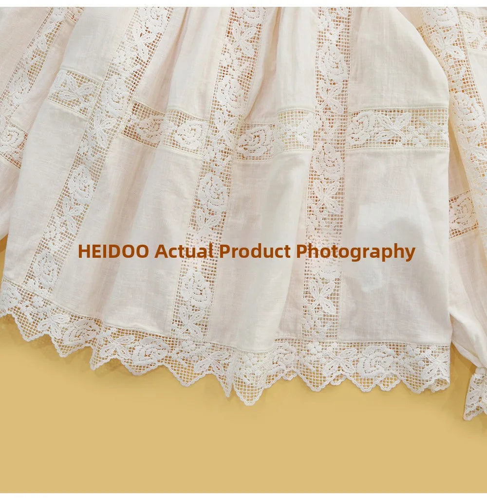 HEIDD Gentle Wave Collar Embroidered Heavy Work Loose Shirt Women's Spring 2026 Breathable Long Sleeve Cotton Gentle Style