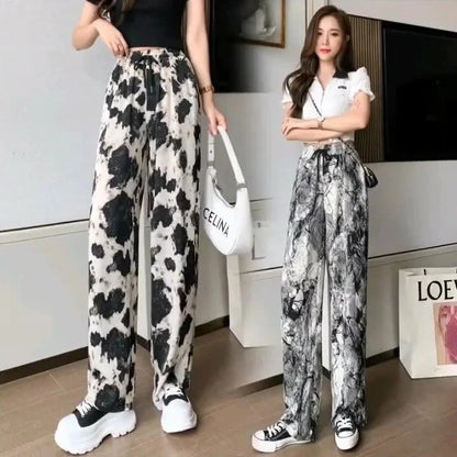 Summer Casual Loose Wide Leg Pants Women's Tie Dye Ink Ice Silk Loose Leopard Print Ethnic Style Long Pants Casual Trousers