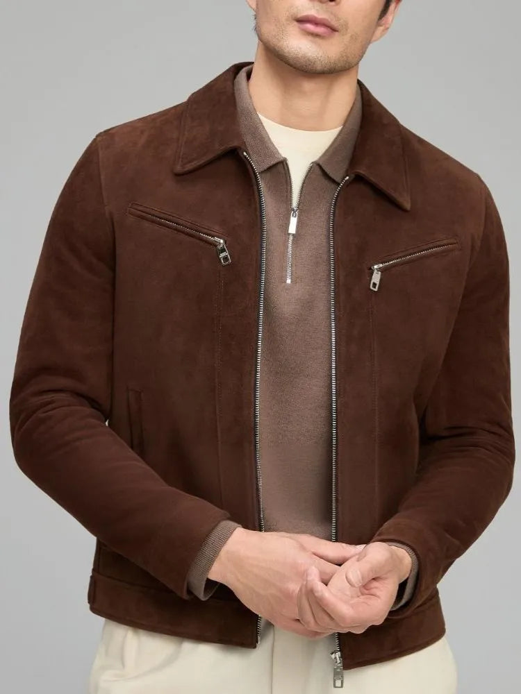 Retro Casual Long Sleeves Lapel Genuine Leather Jacket High Quality Solid Color Male Zipper Slim Sheepskin Suede Outerwear