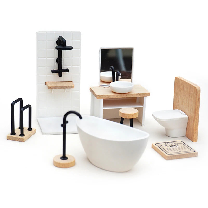 1:6/1:12 Dollhouse Miniature Bathroom Set Shower Room Toilet Bathtub Sink Commode Furniture Decor Toy Doll House Accessories