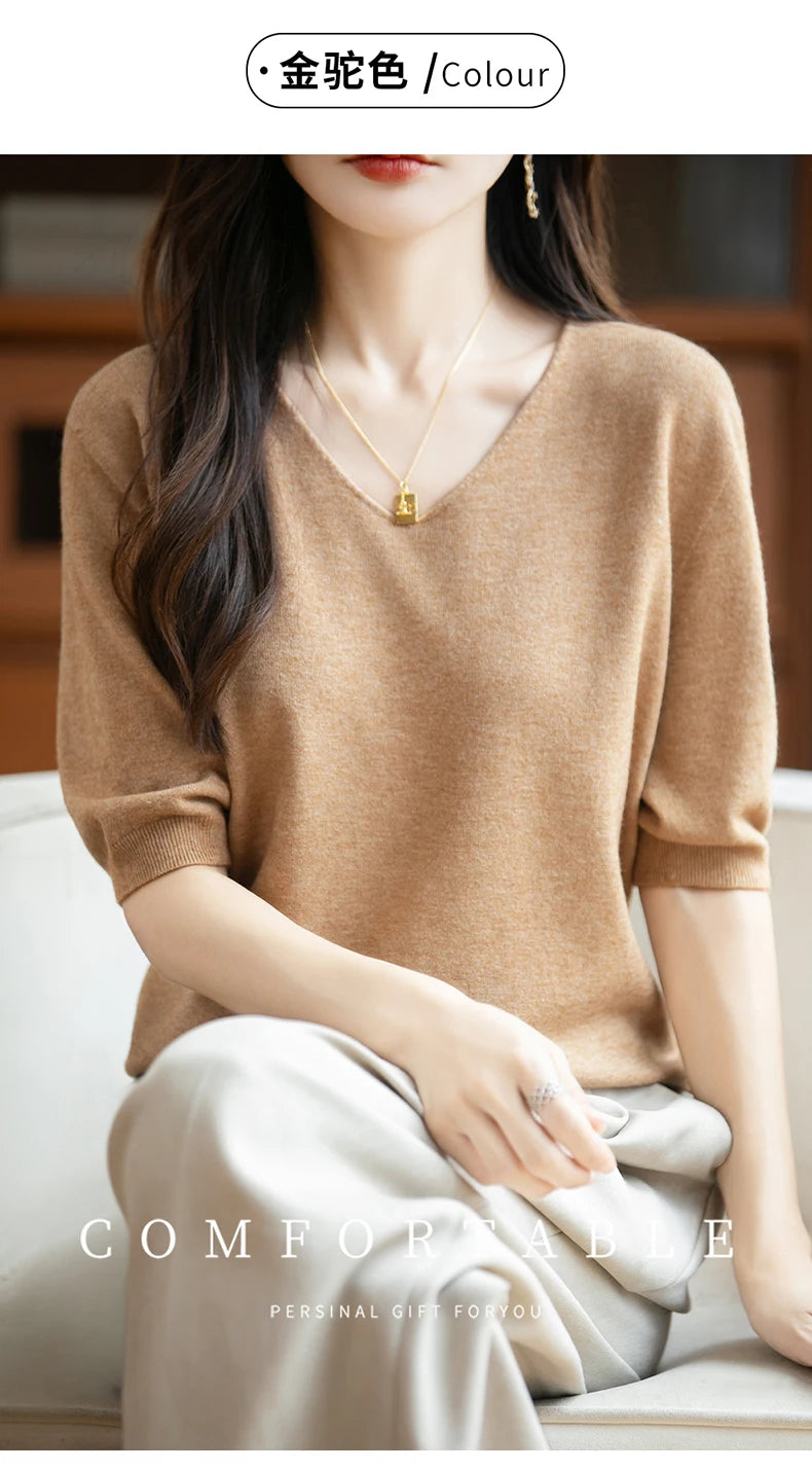 Thin Worsted Wool Short-Sleeved Women's Loose Round Neck T-shirt Printed Summer Fashion Knitted Bottoming Shirt Half-Sleeved
