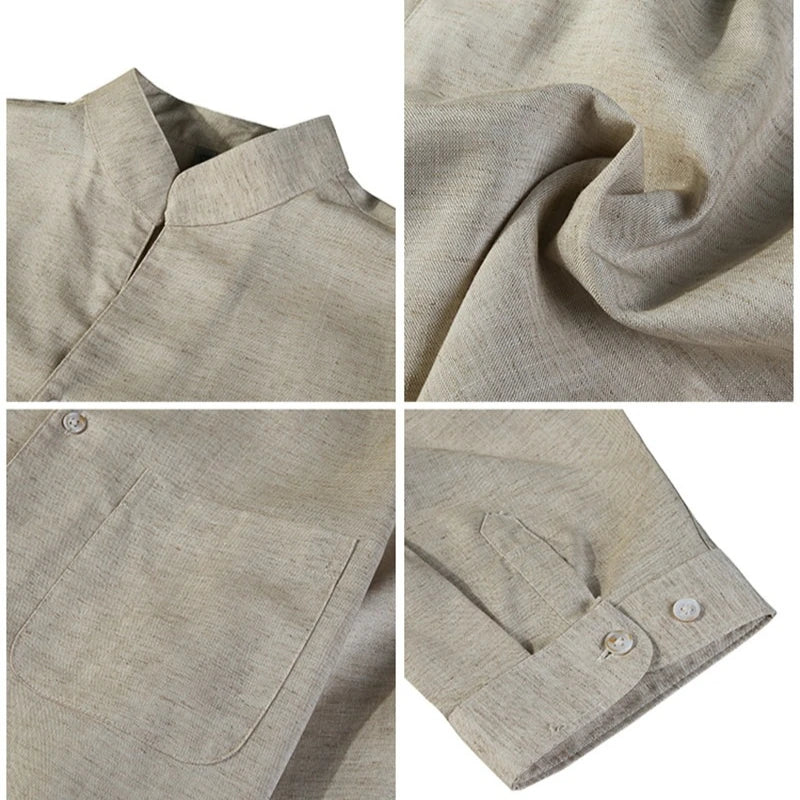 Men's Premium Linen Blend Mandarin Collar Shirt – 7A Antibacterial, Breathable & Cool-Touch Short Sleeve Button-Up