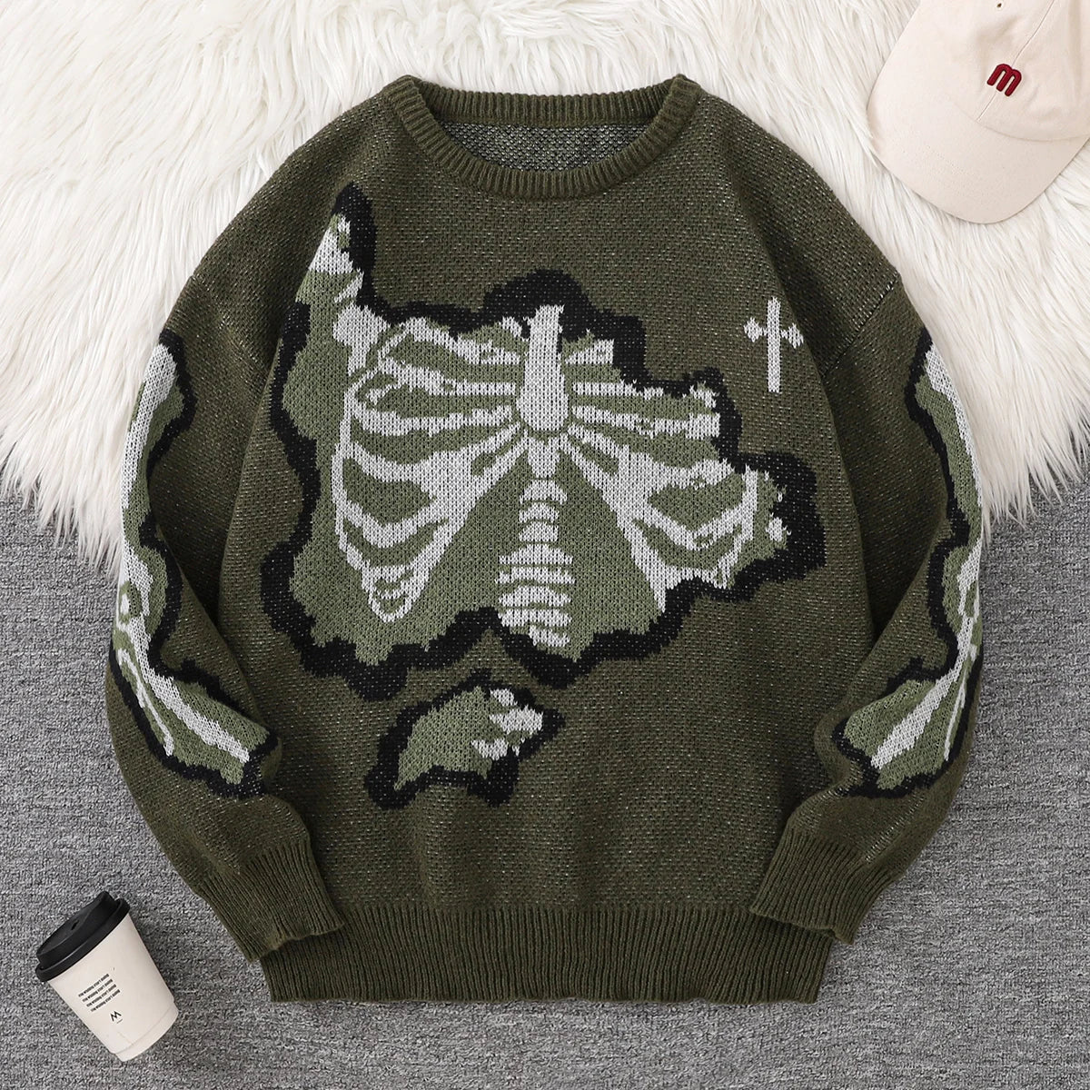 New Trendy Autumn and Winter Skeleton Pattern Pullover Sweater, Casual Round-Neck Color-Blocking Knit Men's Pullover