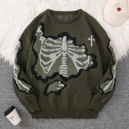 New Trendy Autumn and Winter Skeleton Pattern Pullover Sweater, Casual Round-Neck Color-Blocking Knit Men's Pullover