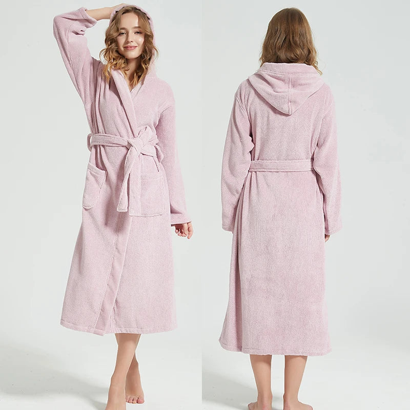 Hooded Bathrobe Men 100% Cotton Hooded  Women Sleepwear Nightgown Towel Fleece Thick Long Soft Autumn Winter White Home Hotel