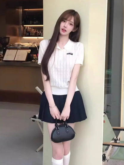 Miu Series White Knitted  Shirt Ice Silk Short Sleeve Turn-down Collar Slimming Effect Summer T-shirt for Women Korean Style
