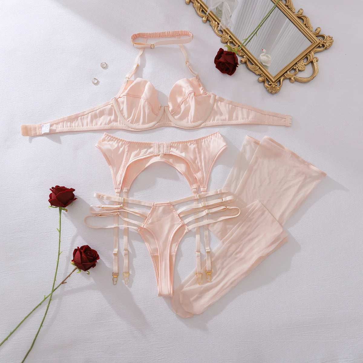 2025 French style hanging neck pure desire sexy steel ring gathering shaping underwear split set with leg socks