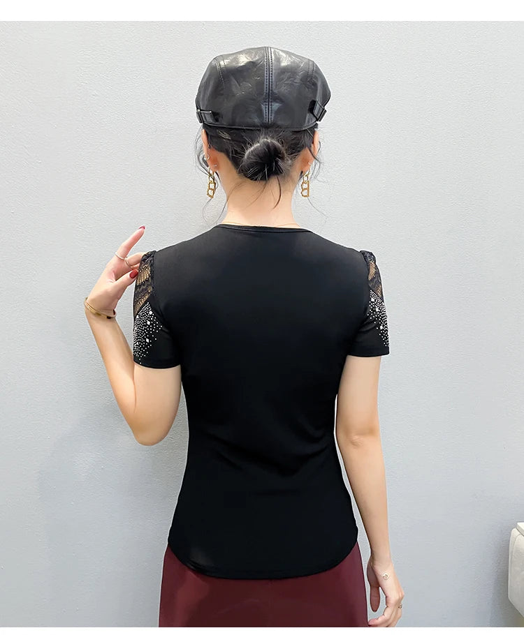 2026 Summer Women Tops New Korean Fashion Diamond Mesh T Shirt V-neck Short Sleeved Patchwork Lace Shirt