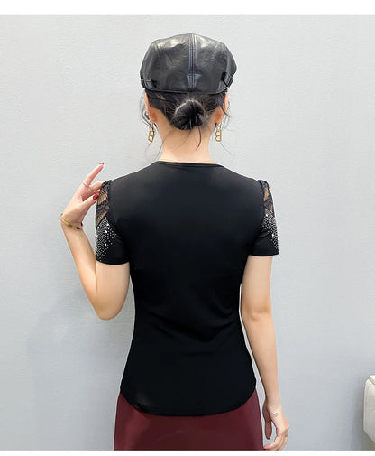 2026 Summer Women Tops New Korean Fashion Diamond Mesh T Shirt V-neck Short Sleeved Patchwork Lace Shirt