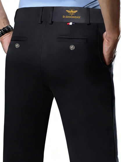 Men's Luxury Bee Waist Logo Business Casual Pants, High Elastic Slim Fit Formal Trousers for Office Commute & Daily Wear