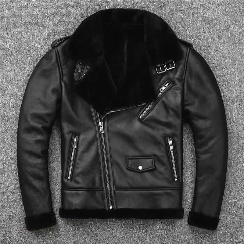 New Fashion Black Shearling Sheepskin Coat Men's Winter Oblique Zipper Biker Genuine Leather Jacket Retro Wool Fur Warm Clothes