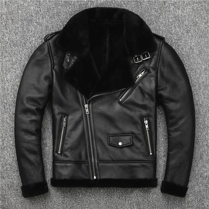 New Fashion Black Shearling Sheepskin Coat Men's Winter Oblique Zipper Biker Genuine Leather Jacket Retro Wool Fur Warm Clothes