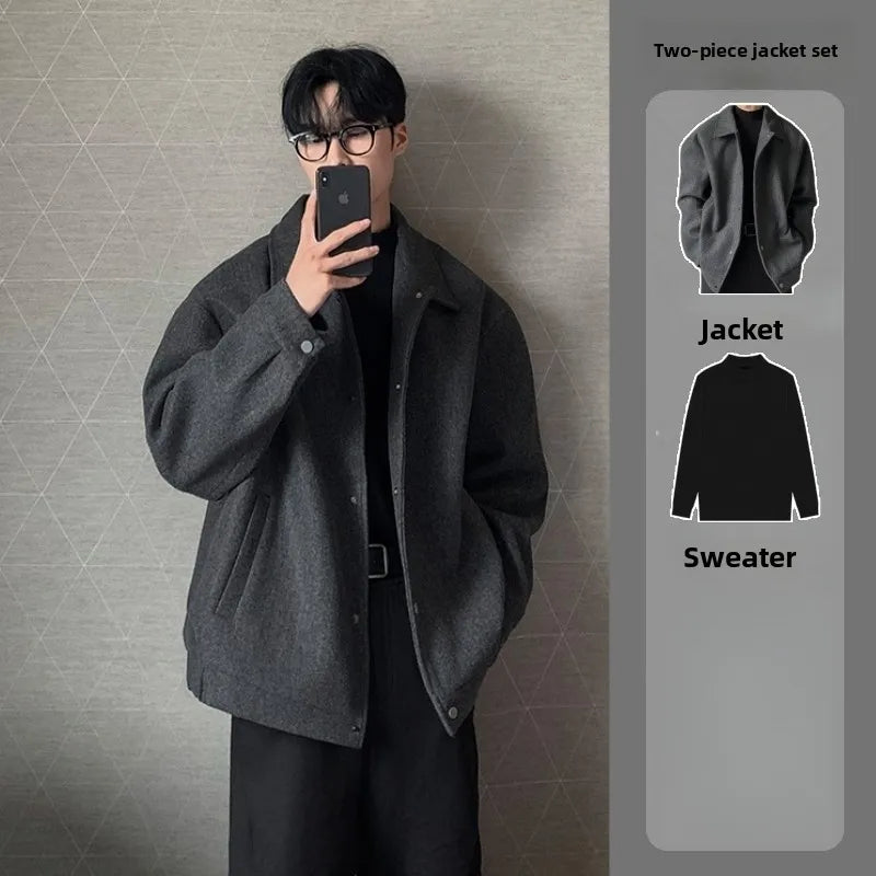Men's Woolen Jacket Set Casual Autumn Winter Style Youth Long Sleeve Pants Three Piece Suit Elegant Fashionable Men's Wear