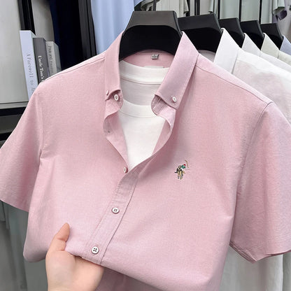 High-end Embroidered Summer 100% Cotton Short-sleeve Shirt for Men, Embroidered Youth Shirt, Business Casual Half-sleeve