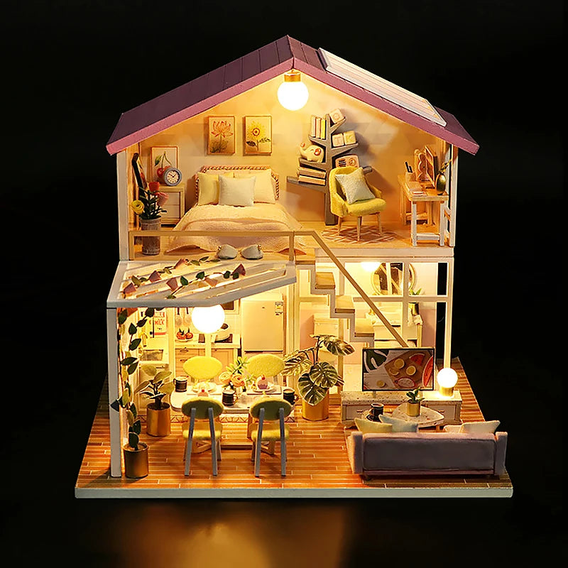 Wooden Miniature Doll House 3D Puzzle Assembly Model Building Toys Home Bedroom Decoration With Furniture LED Lights DollHouses