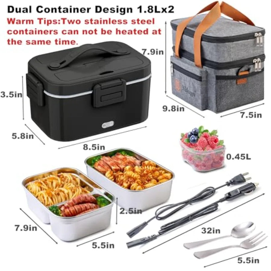 Electric Lunch Box for Adults 100W with 2 Stainless Steel Containers, 1.8L Heated Lunch Boxes for Men, Food Heater Portable 12/
