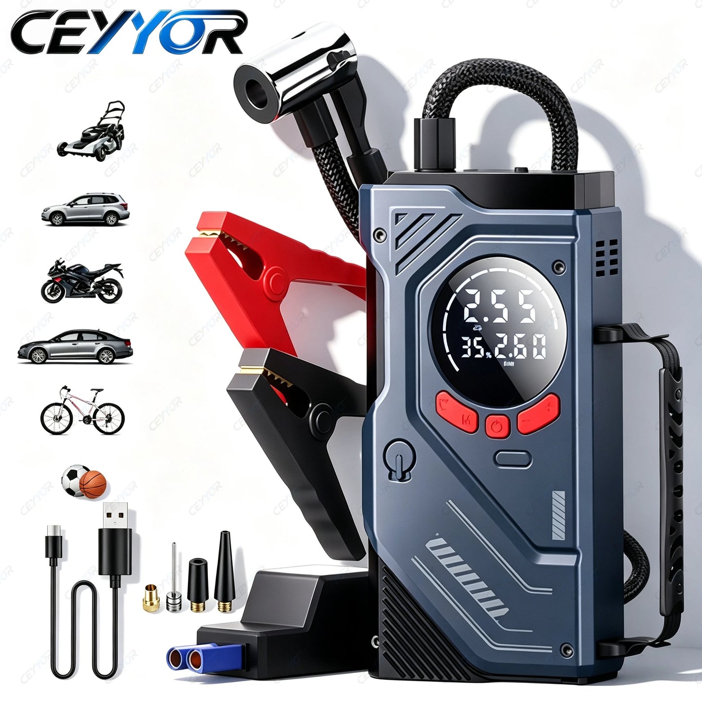 CEYYOR 4IN1 Car Jump Starter With Air Compressor.Portable Booster Starting Device for Petrol Diesel Cars with Lithium Batteries