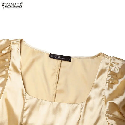 ZANZEA Elegant Chic Women Satin Wedding Guest Party Long Dresses Square Neck Short Puff Sleeve Fitted Waist A-Line Dress S-3XL